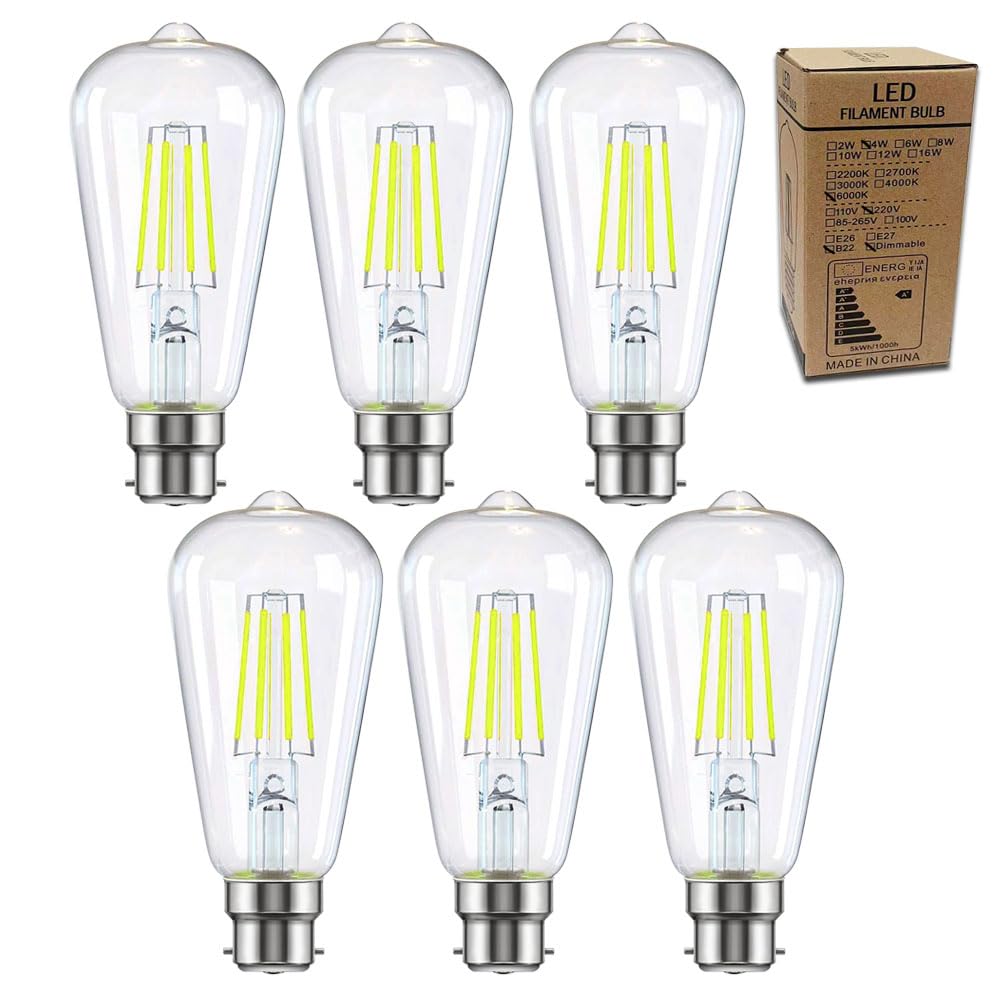 B22 Bayonet Dimmable Vintage LED Light Bulbs, 4W Energy Saving ST64 LED Filament Light Bulbs Clear Glass 6000k Cool White B22 Bayonet Cap Squirrel Cage Retro Edison Bulbs, 40W Equivalent, 6Pack