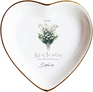 Happy Birthday May Month Lettering Flower Jewelry Dish Gift for Ring Holder Personalized Engraved Jewelry Ring Holder Gift Idea Heart