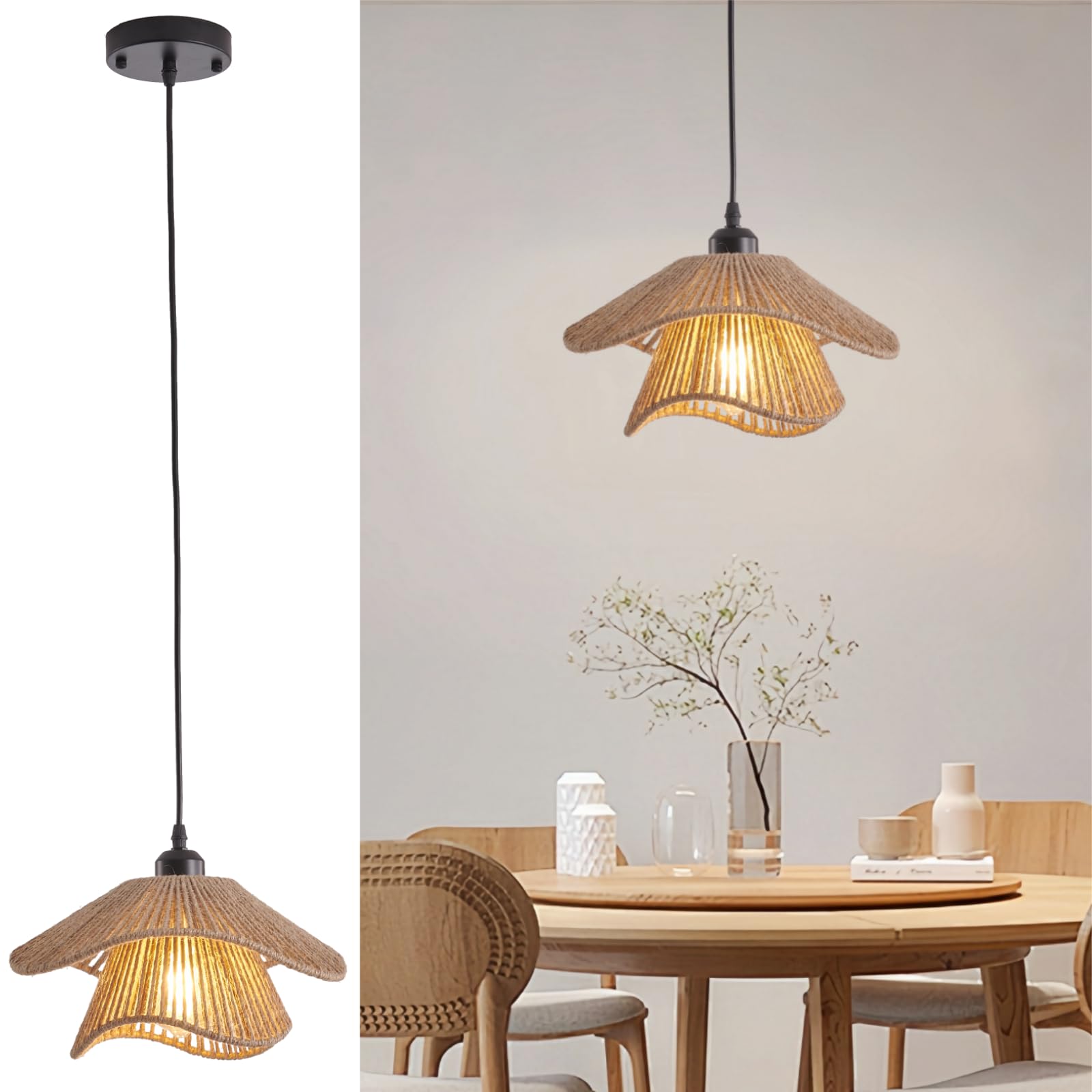 CNQTLL Woven Boho Pendant Lights, 11.8in Rattan Lighting Fixture, Hemp Rope Hanging Lights for Kitchen Island, Living Room, Dining Room, Restaurant,