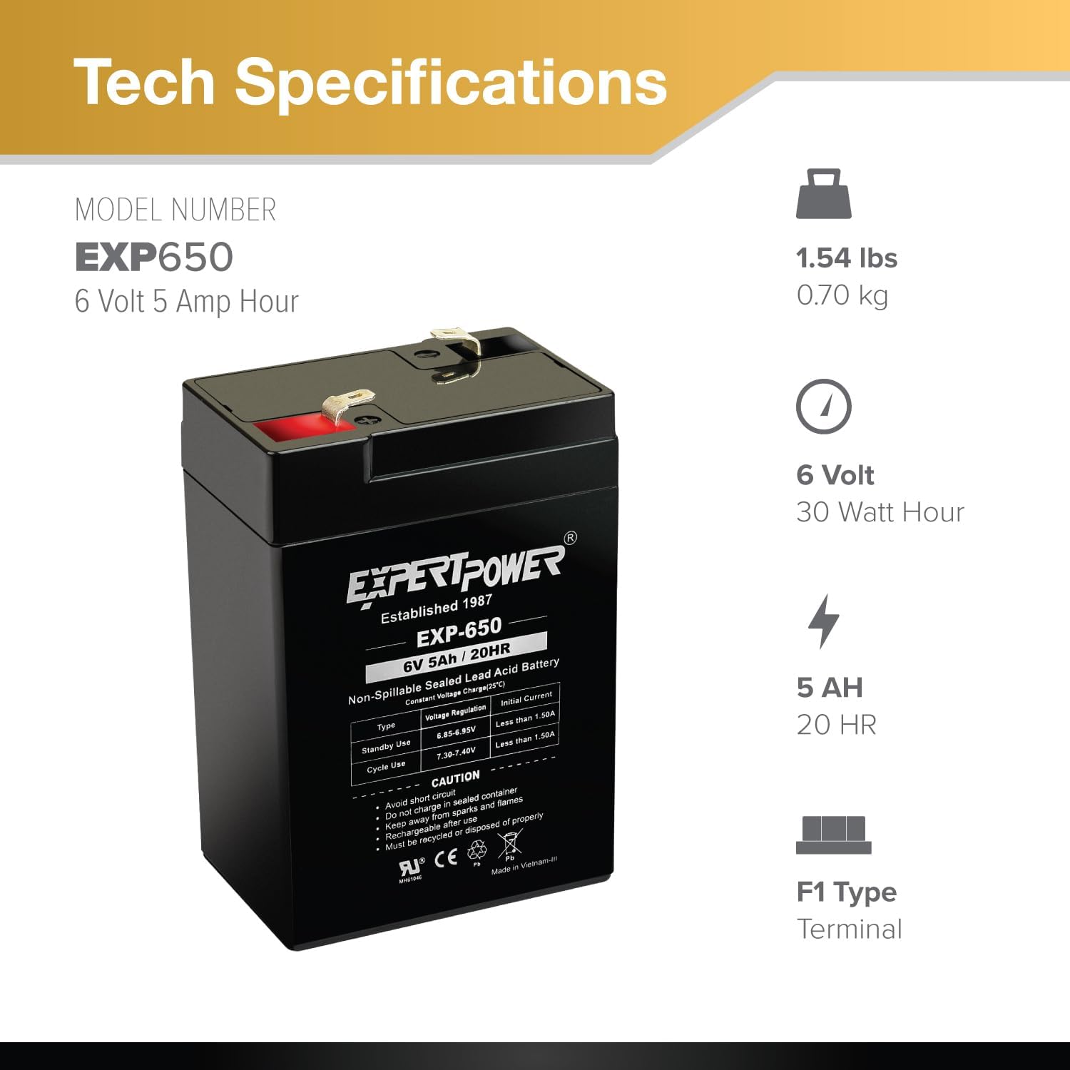 ExpertPower EXP650 (20 Pack) - 6V 5Ah / 20HR SLA Rechargeable 6V Battery for Ride on Toys, Emergency Light, Exit Sign Battery Replacement, Sealed Lead Acid 6 Volt Batteries with F1 Terminals