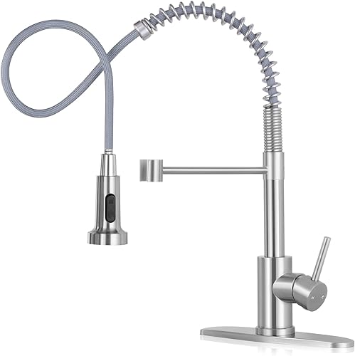 Miniatura 22 de DJS - Grifos de cocina con rociador extraíble, una sola manija, resorte de arco alto con placa de cubierta para fregadero de 1 o 3 agujeros