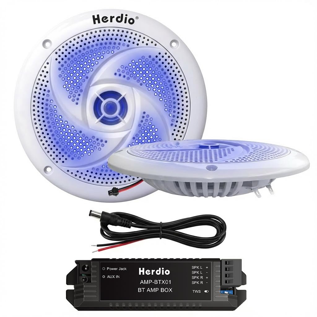 Herdio 5.25 Inch Bluetooth Marine Speakers, Low Profile Slim Design with LED Lights,160W 2-Way Weather Resistant Outdoor Audio, Suitable for Boat, RV, UTV, ATV, Golf Cart, 2 Pack White