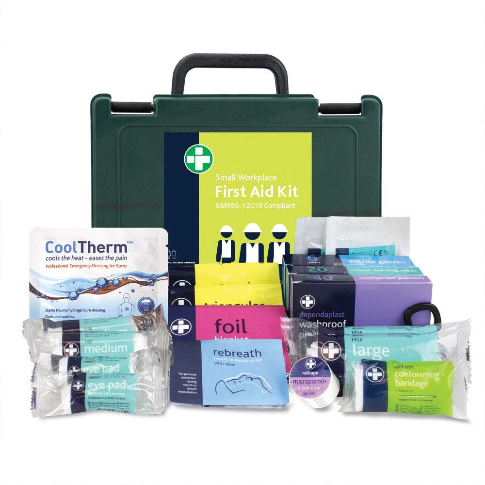 Reliance Medical Small Workplace First Aid Kit - Compact Durham Box with Bracket, Ideal for Small Office, Includes Burn Patchs, Eye Pads, Dressings Pads Small Green Durham Box - Workplace kit