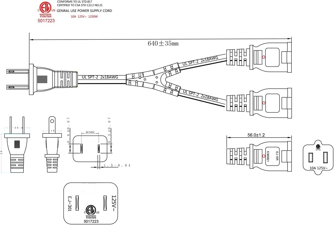 1-15P to Dual1-15R Two Prong Splitter,2-Prong String Light Splitter,18AWG,Double Ended Male Extension Cable,Two Male End 2 Prong Extension Cord,Outlet Splitter(1-15P to 2X1-15R, 2ft/0.6m)
