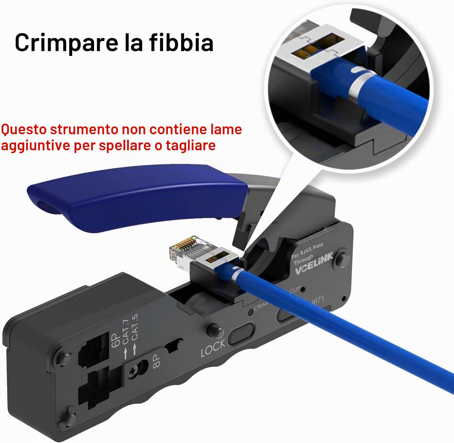 VCELINK Kit Crimpatrice RJ45 44 in 1 Tester LAN 20 Connettori Cat7 Passanti | Lame integrate rifilano i conduttori a filo per contatti puliti e crimpature affidabili al primo colpo su connettori passanti