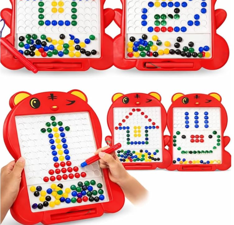 Image of Red Magnetic Drawing Board for Kids - Magnetic Mosaic Puzzle Board with Color Beads, Magnetic Pen & Pattern Cards - Educational STEM Learning Toy for Kids - (Pack of - 1)