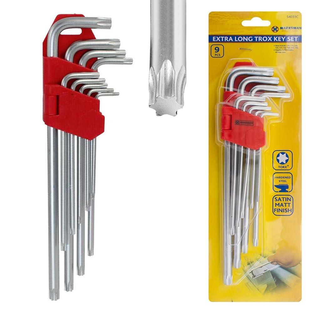 BARGAINGALORE 9Pc Extra Long Torx Key Set - Heavy Duty L Shape Hard Steel Security Spanners Tool | Multi Purpose, Household DIY Alan Keys Strong & Durable, Set of 9