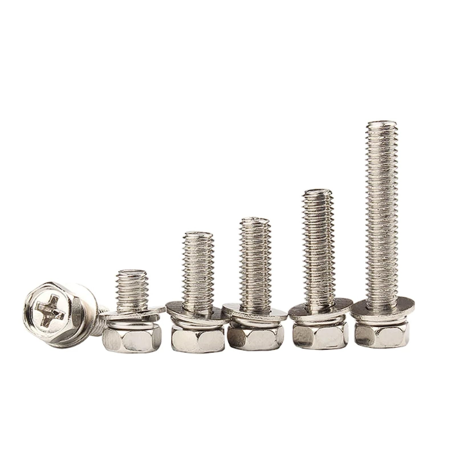 Pernos combinados de tres piezas con cabeza hexagonal cruzada M6 niquelados, 200 tornillos hexagonales cruzados premontados(M6*14 * 12 [200 pieces])