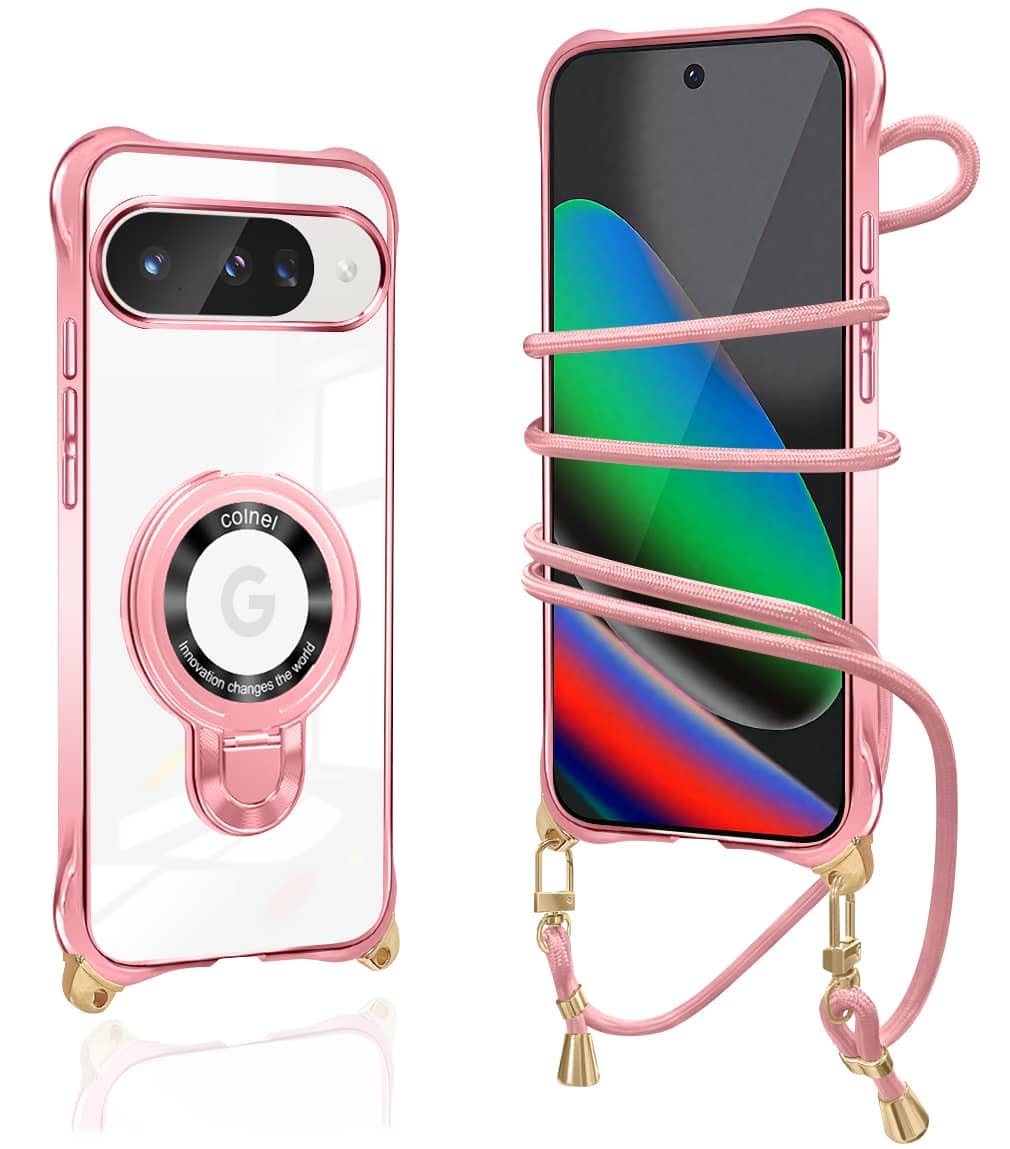 Google Pixel10 ケース クリア ショルダー 透明 グーグルピクセル10 カバー リング付き Pixel 10 Proカバー スタンド機能 マグネット搭載 360°回転スタンド 耐衝撃 米軍規格 紐付き 斜めがけ 織りストラップ付き ネックストラップ ショルダー 縦/横 2WAY 長さ調整可能 取り外し可能 落下防止 紛失防止(ローズゴールド)