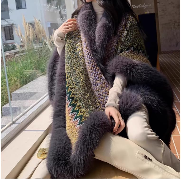 CAPE- Thick Warm Cashmere Wool Shawl Pashmina For Women Fox Fur Trimmed Ethnic Style Printed Wrap Poncho (Grey, One Size)4