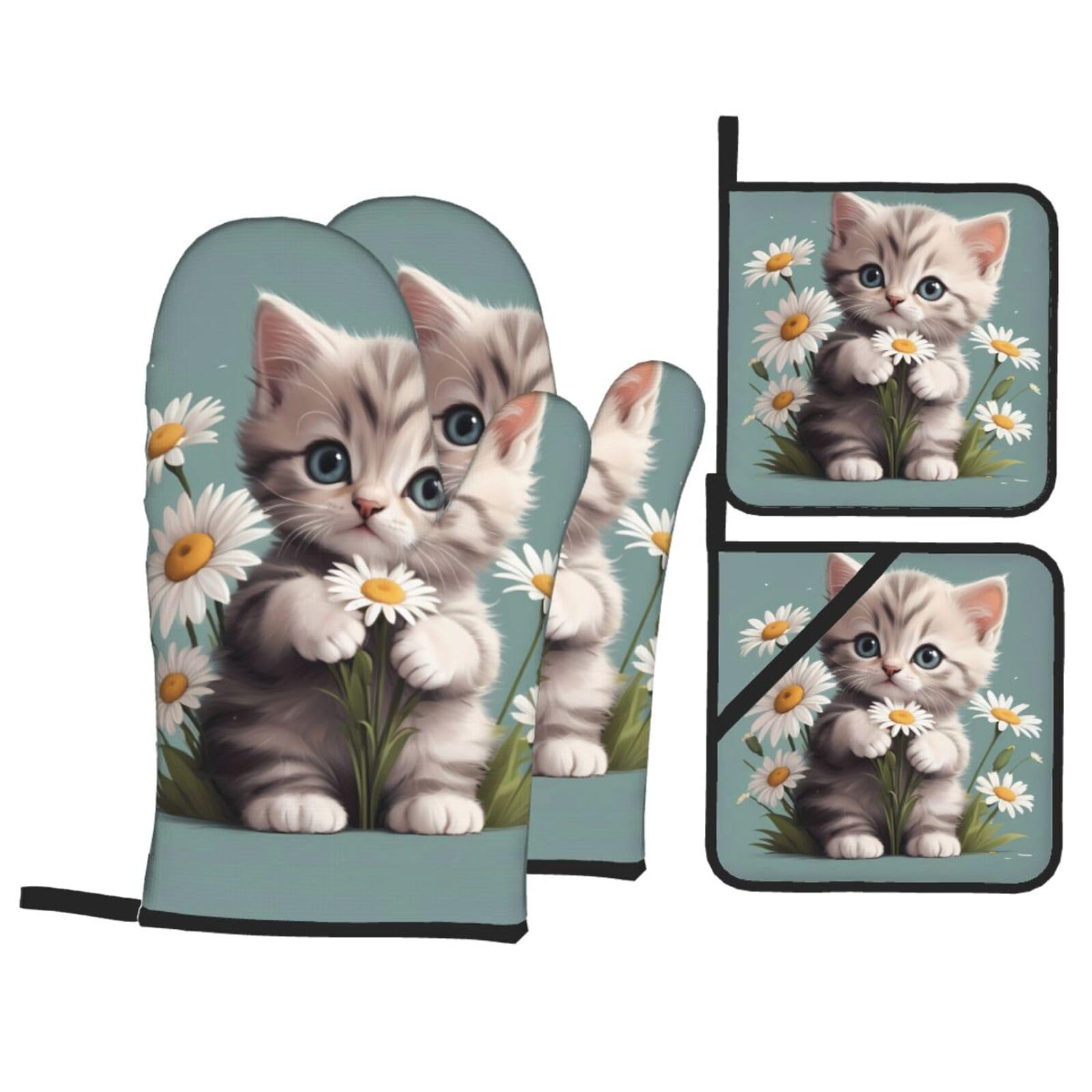 HJFCZH Kitten Holding Daisies Picture Kitchen Baking Set of 4 Thick Insulated Oven Mitt & Pot Holders, Anti-Scalding for Microwave, Oven, Outdoor BBQ