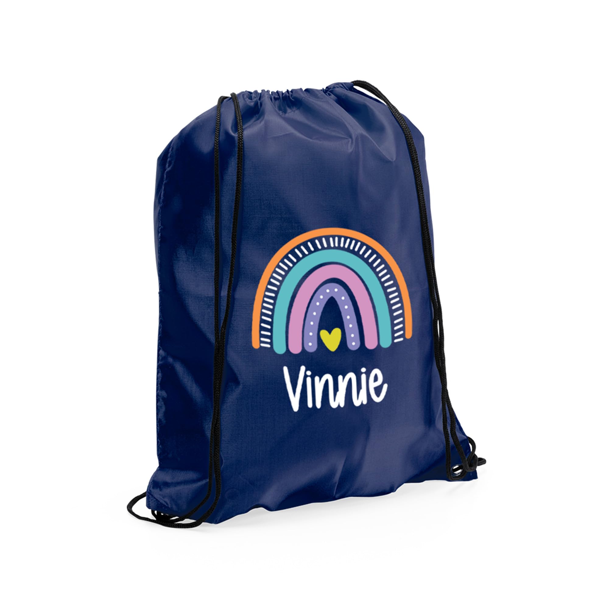eBuyGB Personalised Rainbow Drawstring, Childs PE, Sports Day, Girls Swimming, Custom Name, Party Goodie, Primary School PE Kit (Navy)