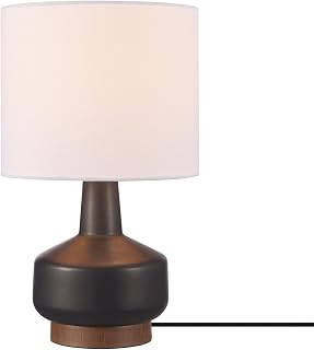 Globe Electric 15" Ceramic Table Lamp: Matte Black Base, Wood Accent, White Linen Shade - Modern Mid-Century Bedroom Office Light