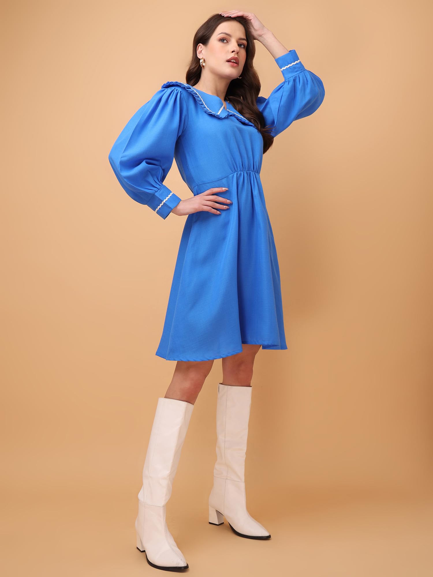 Purvaja Womens V-Neck Fit & Flared Cotton Blend Dress (Floe-038-Xl_Blue)