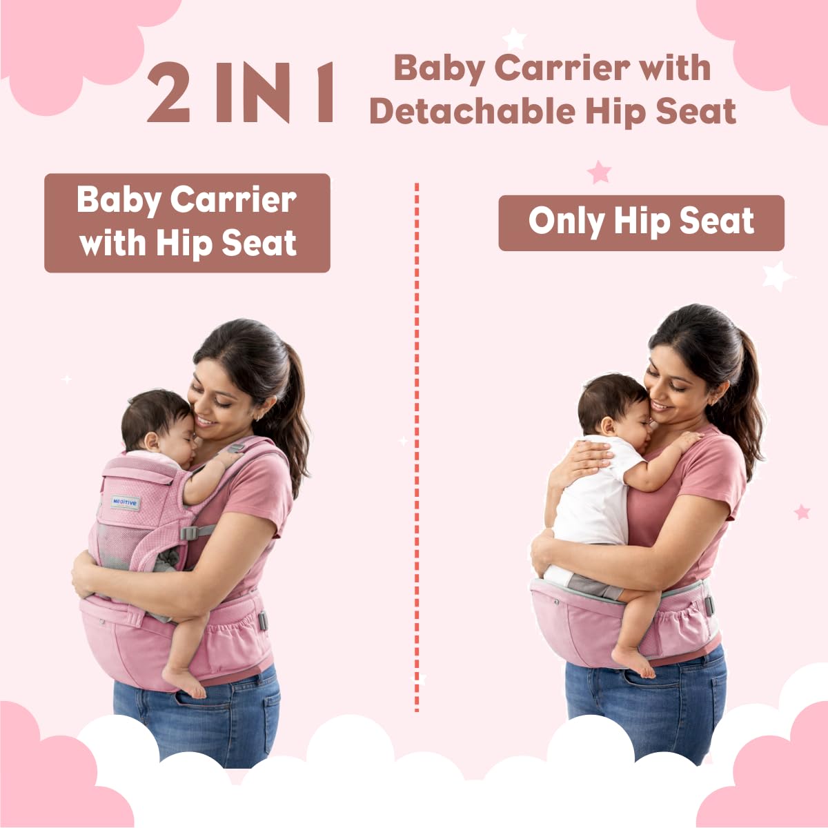 MEDITIVE 3 in 1 Cotton Baby Carrier with Detachable Hip Seat, Ergonomically Made, 4 to 24 Months (Pink Color) 2