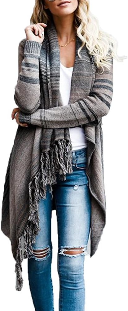 Kimono Cardigan Open Front Speckled Fringe Cardigan Sweater for Women Long Sleeves Wrap Shawl with Single Button