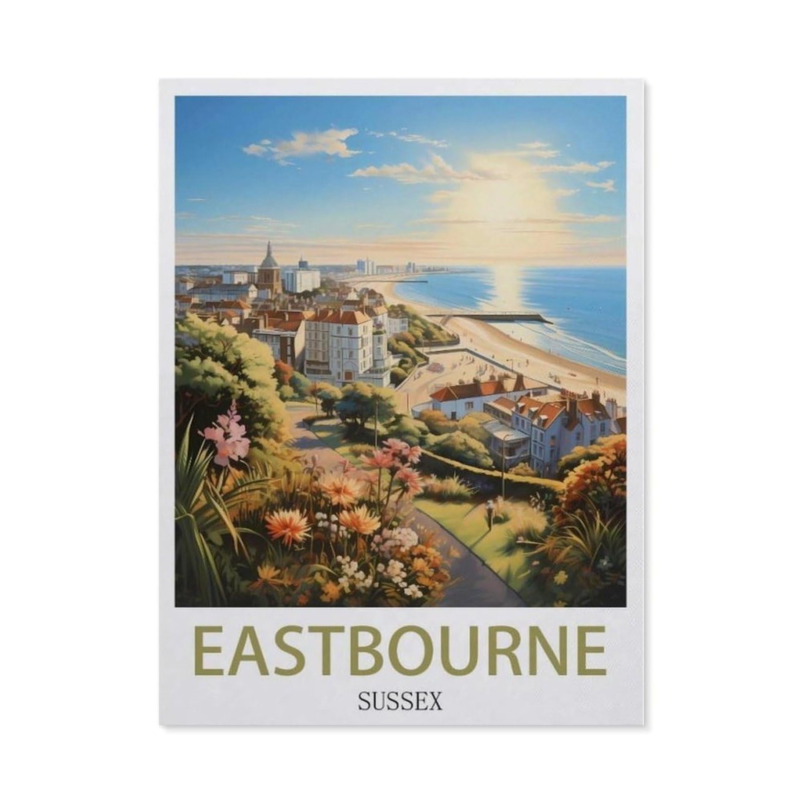 Beayodkp （30 X 40 Cm/11.81 X 15.74 Inches） 5D Diy Diamond Painting Kit，Eastbourne Sussex Vintage Travel Poster，Round Resin Diamond Cross Stitch, Home Decoration Gift-Cf73