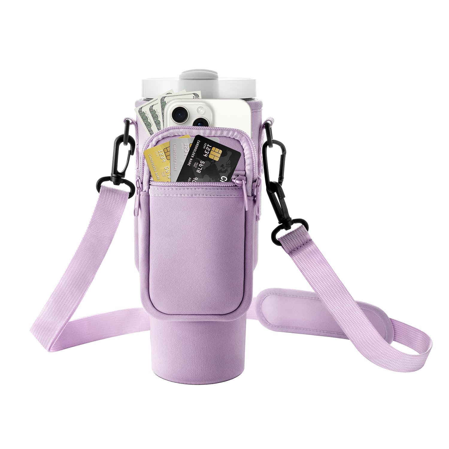 Water Bottle Carrier Bag with Phone Pocket Stanley Purple Water Bottle Holder Sleeve with Strap Carrier Tumbler Pouch for Stanley Cup 30 40oz (Purple)