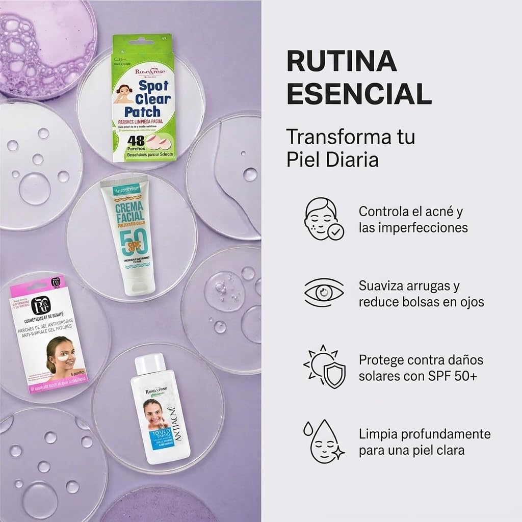 Zestaw Rose & Rose | Tonik do twarzy przeciw trądzikowi + krem przeciwsłoneczny SPF 50+ plastry punktowe przezroczyste + plastry żelowe do oczu | Kompleksowa pielęgnacja twarzy dla skóry tłustej i