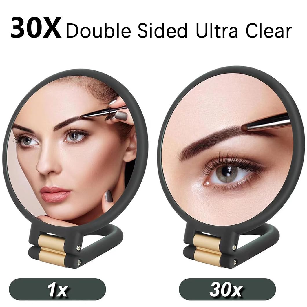 Specchio con ingrandimento 30x, specchio a mano con manico, specchio a mano su entrambi i lati con ingrandimento 30X/1X, specchio essenziale da viaggio, portatile, pieghevole, per trucco di