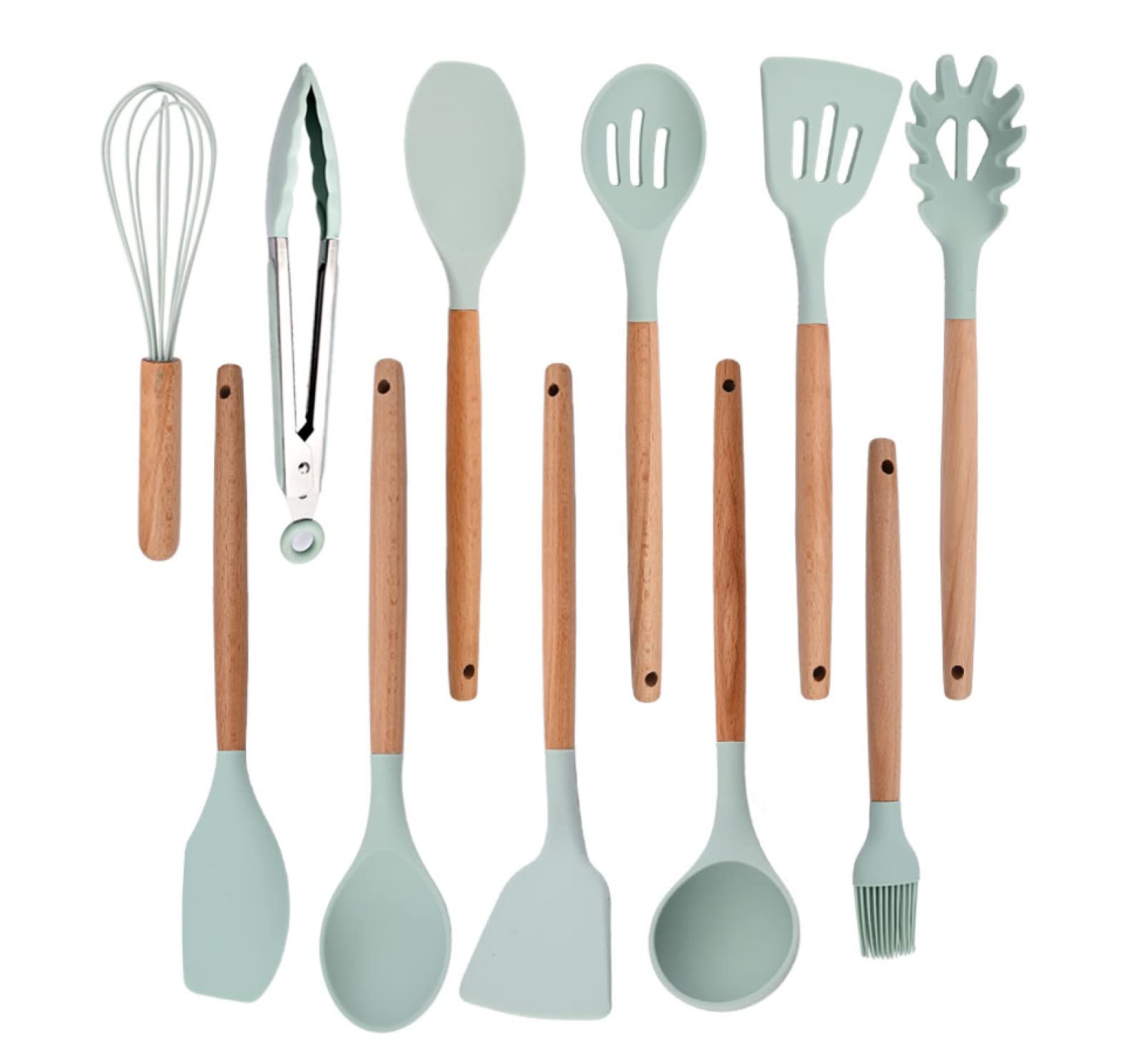 GTHTUHFD Cooking Spatulas And Spoons,Spoon Setcooking Utensils Set Silicone Kitchen Utensil Nonstick Cooking Utensils Wooden Handle Cookware Baking Gadget Set,Mint Green 11pcs