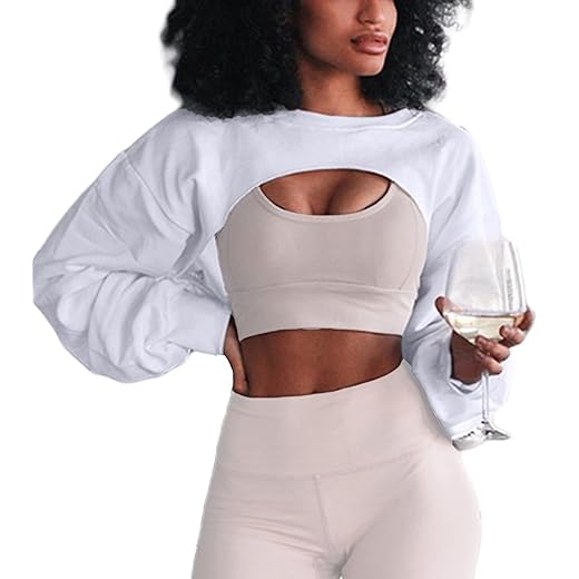 LovelyWholesale Women's Asymmetrical Long Sleeve Crop Tops Workout Gym Cut Out Loose Cropped Sweatshirts White Medium