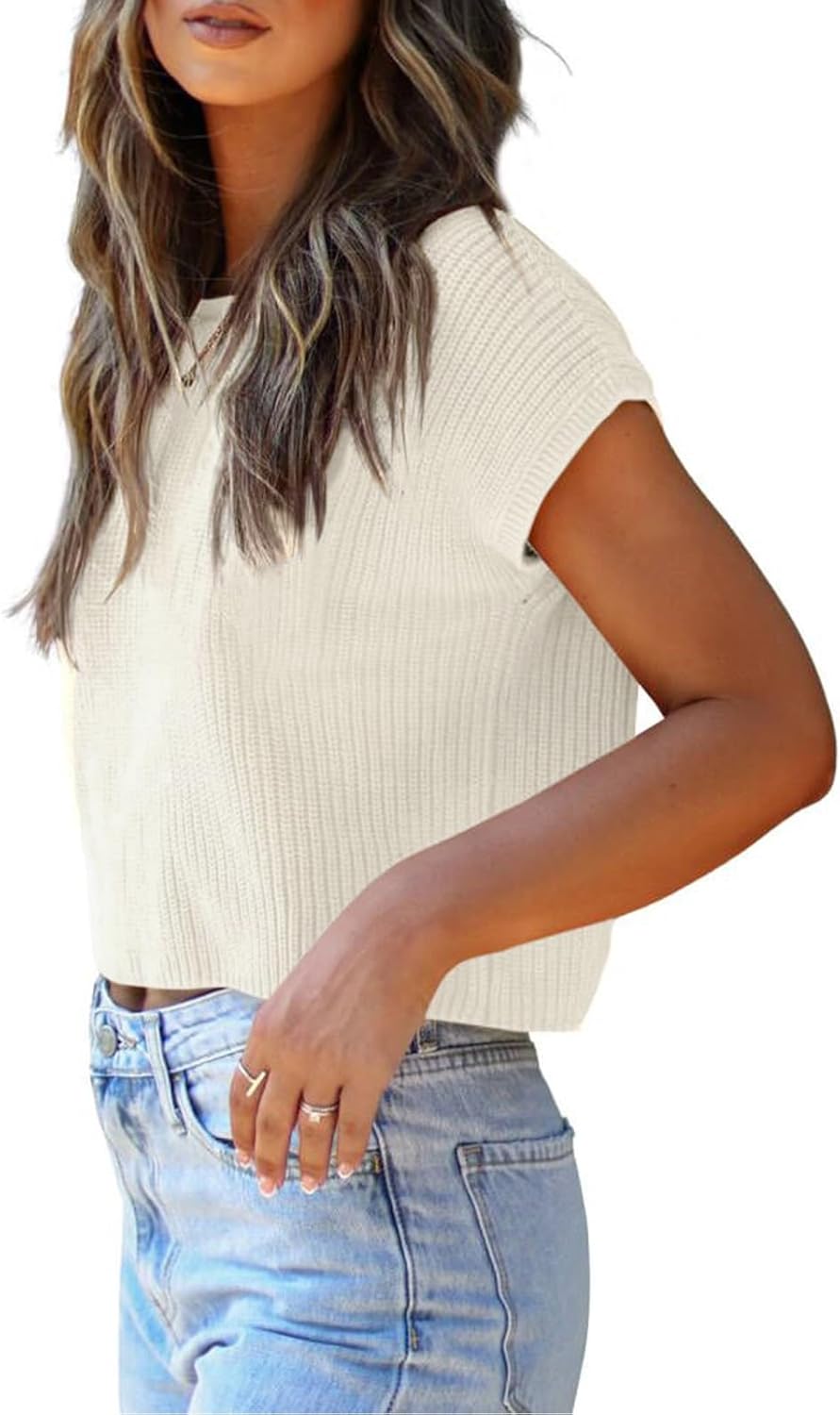 LCXWFE Womens Summer Cropped Sweater Vest Trendy Cap Sleeve Crop Tops Crew Neck Loose Knit Tank Top - Image 3