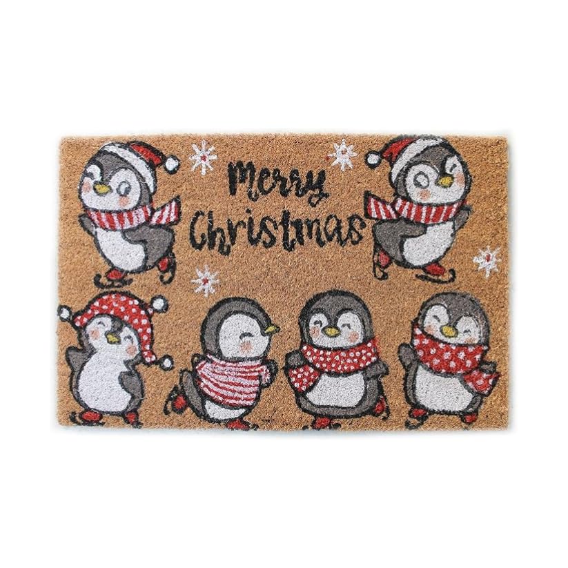 INTRECCI Felpudo de Coco Rectangular 40 x 60 cm con Base Antideslizante - Felpudo de Entrada para decoración navideña (Des.4 – Pingüinos)