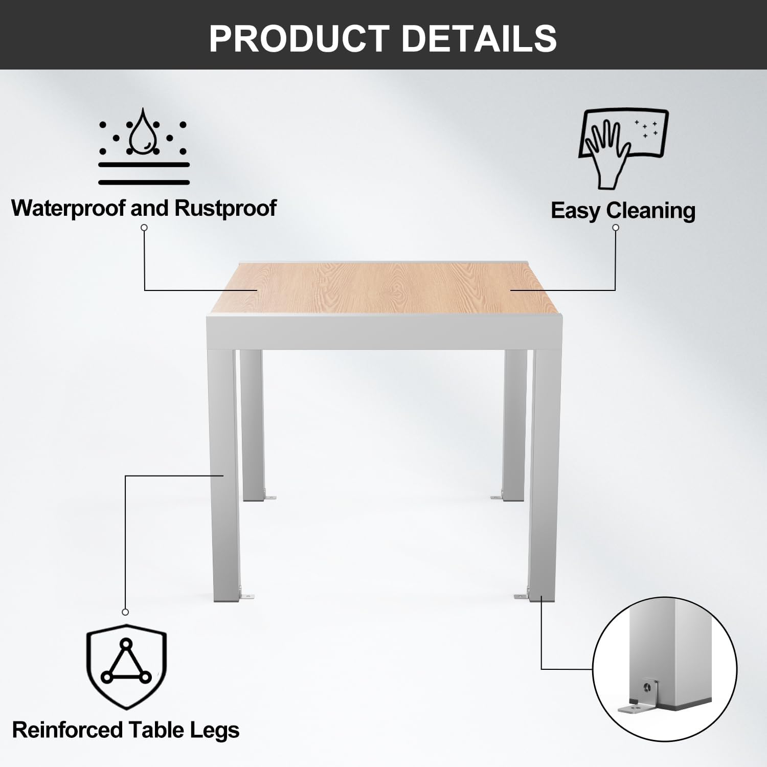 Diagram highlighting product details: waterproof and rustproof features, easy cleaning, and reinforced table legs.