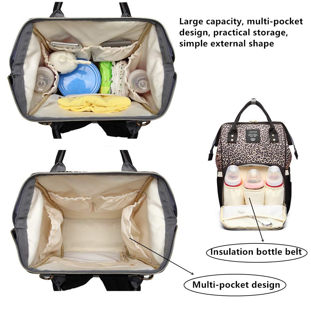LAMOGRAFY Leopard Print Nappy Bags Handbags Multi-Function Diaper Bag for Baby Care Travel Backpack Large Capacity Gray