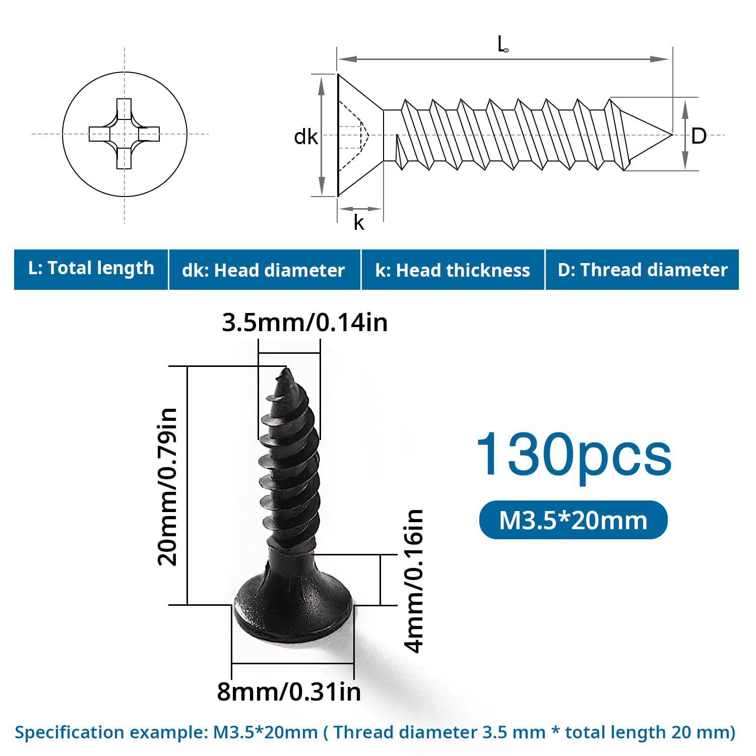 VooGenzek 130 Pezzi M3.5 * 20 mm Viti Autofilettanti a Filettatura, Viti Testa a Croce Piatta, Vite per Cartongesso a Testa Svasata, per Cartongesso, Nero