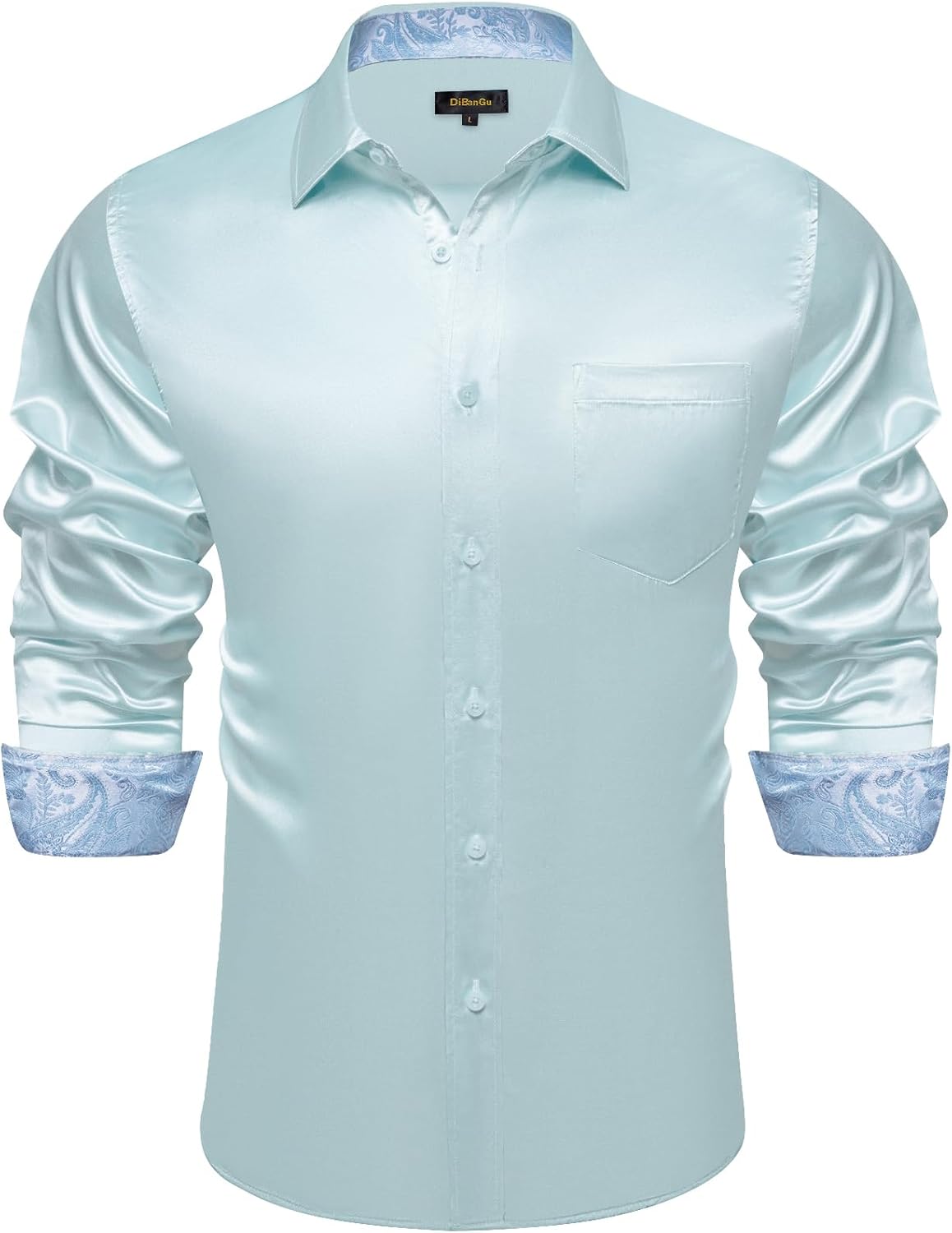 DiBanGu Mens Satin Dress Shirts Casual Long Sleeve Button Down Shirt Regular Fit Wrinkle Free Shiny Shirts for Men Party Prom Large Light Blue Solid