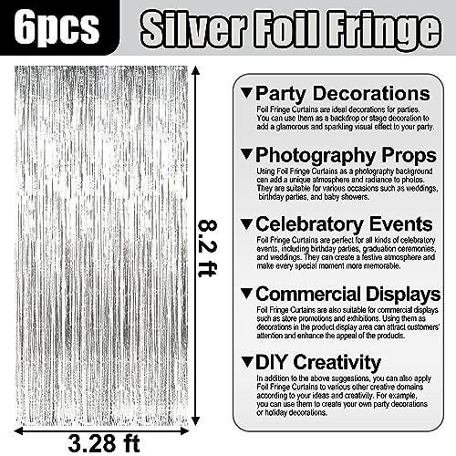 Image of 6 Pack Silver Foil Fringe Curtain Backdrop, 3.28Ft x 8.2Ft Metallic Tinsel Foil Fringe Streamer Curtains for Photo Booth, Christmas Day, Thanksgiving, Wedding, New Year Party Decorations