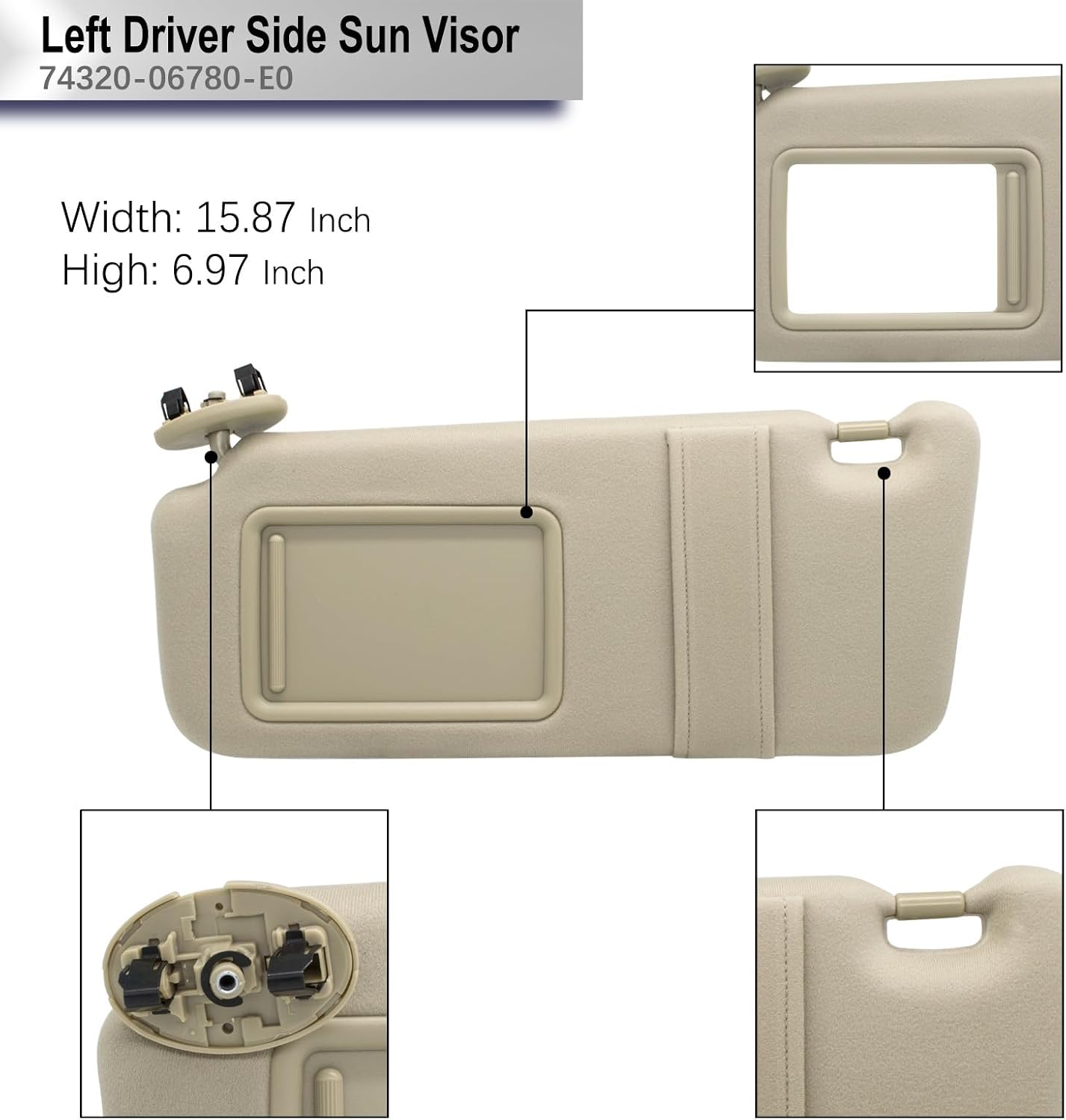 Driver Left Side Sun Visor Without Light Compatible with Toyota Camry 2007 2008 2009 2010 2011 Replacement Number 74320-06780-E0 Colour Beige