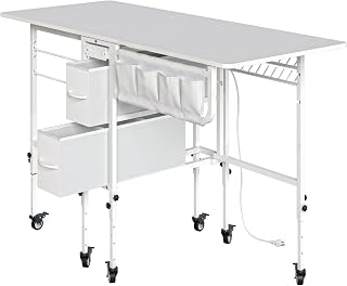 Foldable Rolling Utility Cart with Power Outlet & Drawers for Small Spaces | Adjustable Height Desk, Pocket Bag, Spool Holder and Fabric Drawers, Mobile Folding Desk for Home Office, Laundry, Kitchen
