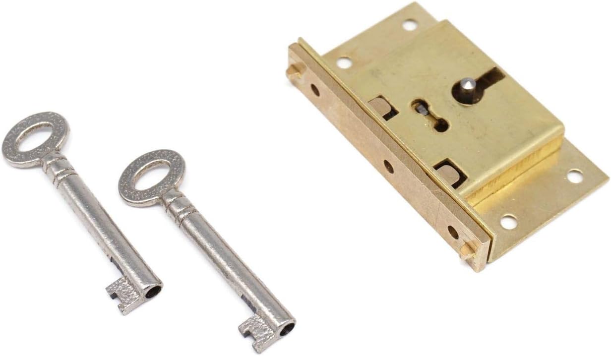 Half Mortise Chest Lock Medium Half Mortise Box Lock Premium Quality Heavy Duty Brass Antique Lock Cast Brass Strike Plate - with 2 Keys for Jewelry Humidor Box Lock