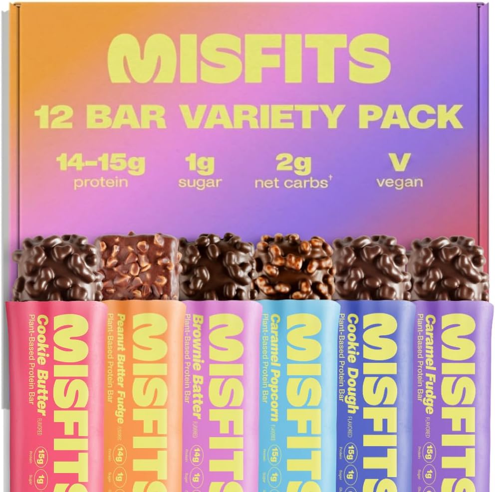 โ Misfits Vegan Protein Bars 6 Flavour Variety Pack | Sports Nutrition Bars - 14-15 grams Protein | 1 gram Sugar | Plant-Based, Low Carb, High Fibre | No Palm Oil | Non-GMO | Pack of 12 (2 x 6 Flavours)
