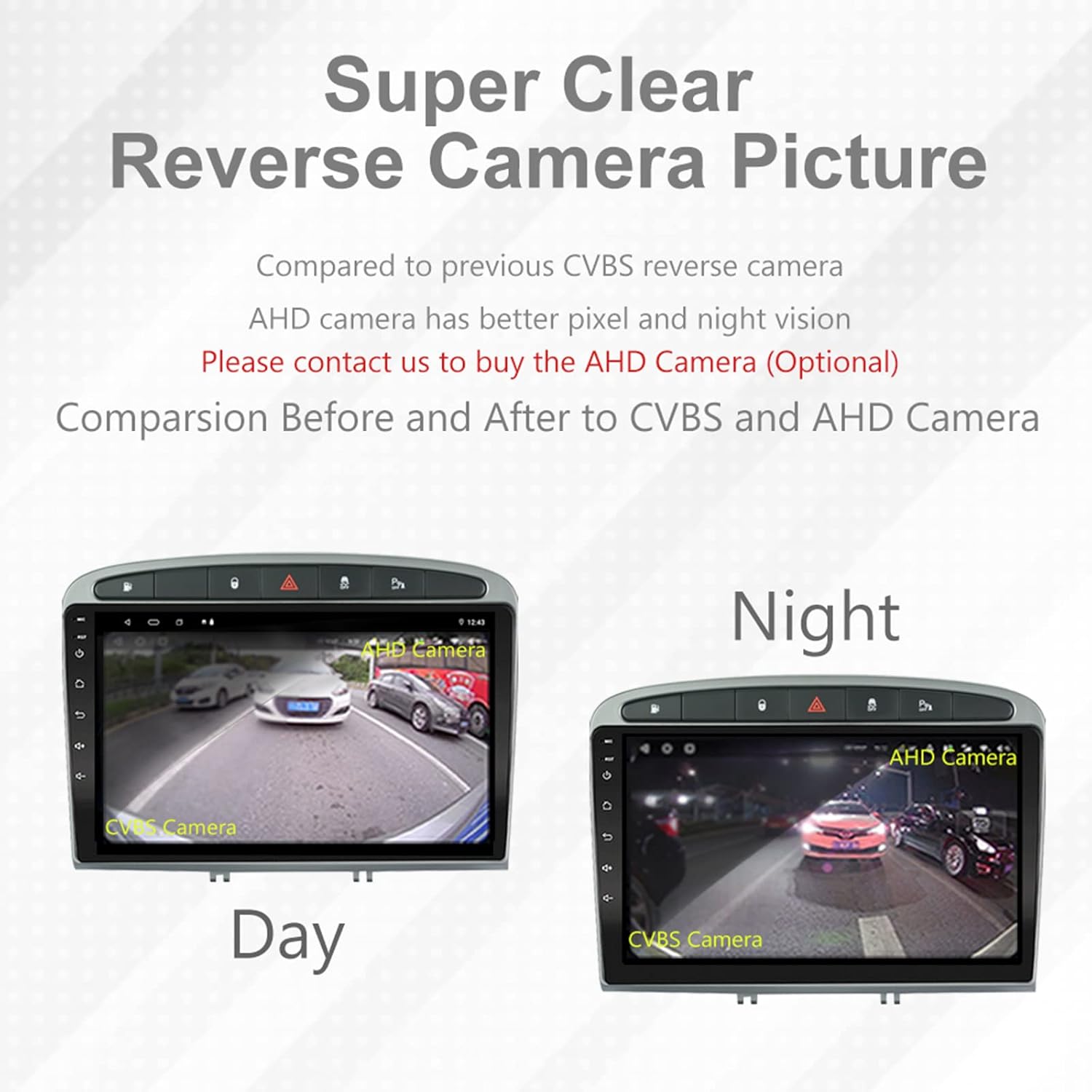 Comparison of day and night view from reverse camera, showing AHD camera clarity