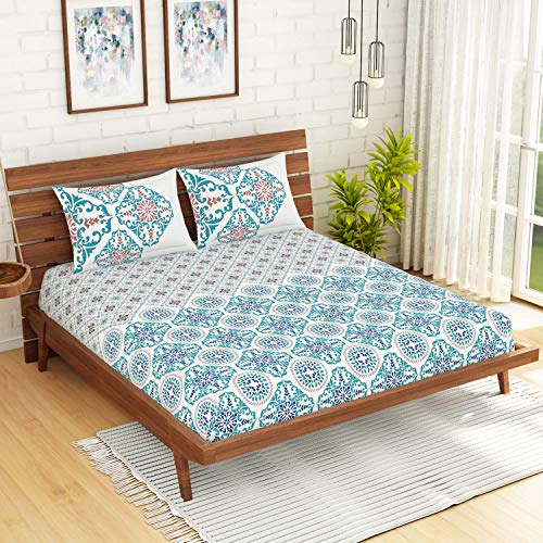 Image of Spaces Atrium 144 TC 100% Cotton Queen Size Double Bedsheet with 2 Pillow Covers ( 88 inch X 108 inch Inches) - Turkish Blue (ATR-7)