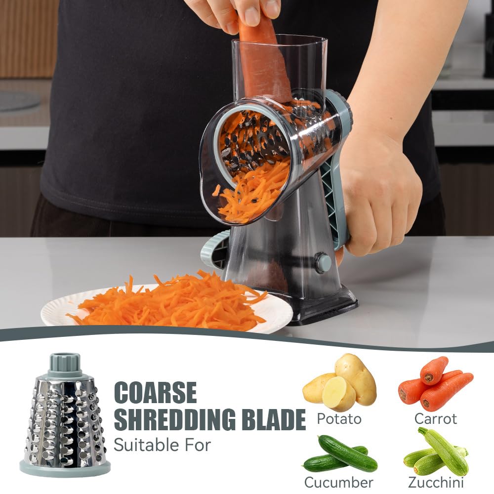 Rotary Cheese Grater, Vegetable Cheese Shredder Slicer with 3 Changeable Blades Hand Crank for Fresh Cheese, Vegetable, Nuts, Non-slip Suction Base Easy Cleaning, Blue