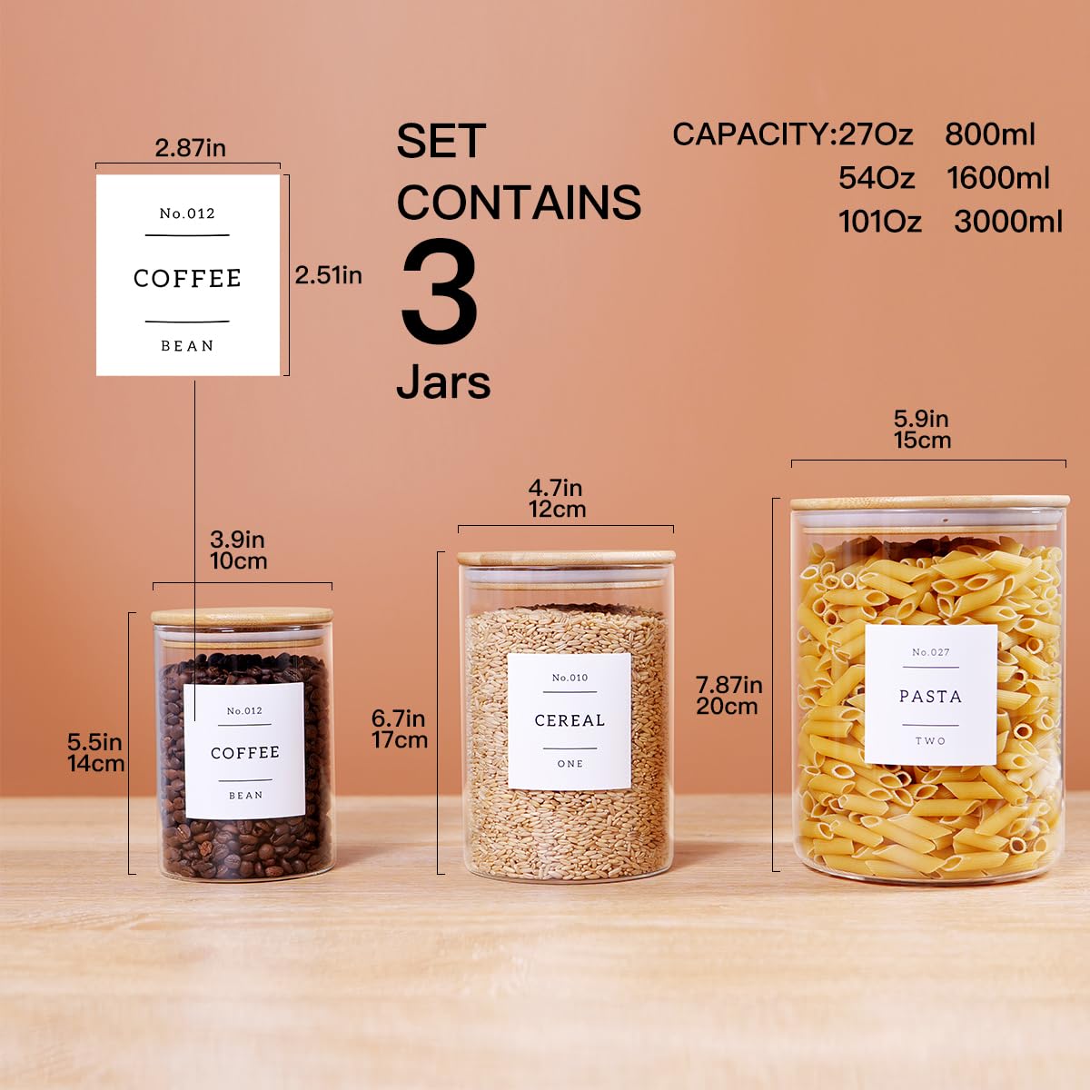 3 botes de vidrio con tapas herméticas de bambú y 42 etiquetas de despensa de cocina preimpresas, juego de recipientes de almacenamiento de harina y azúcar de vidrio transparente, tarros de vidrio