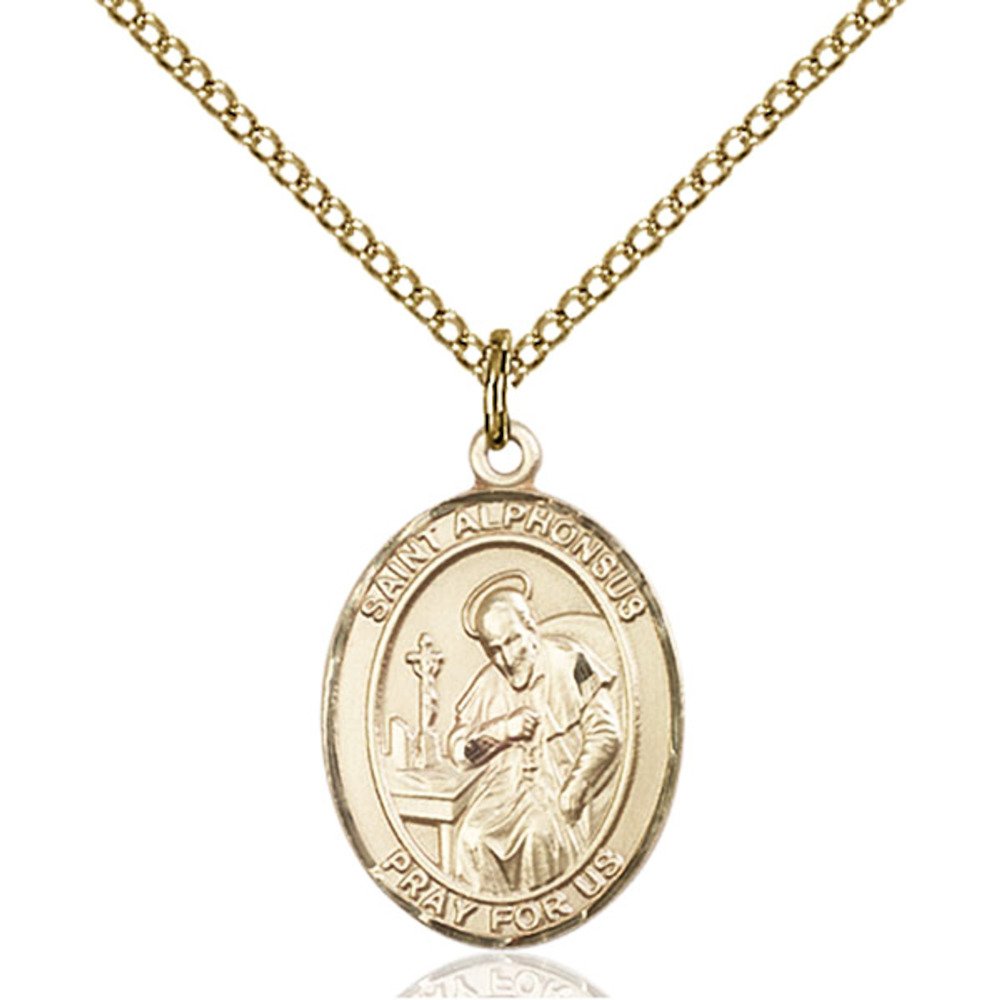 Bonyak Jewelry Saint Medal Collection Custom Engraved Gold Filled St. Alphonsus Pendant 3/4 x 1/2 inches with Gold Filled Lite Curb Chain