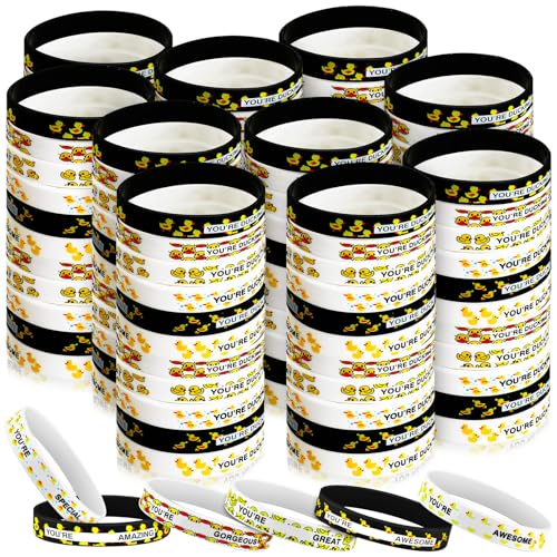 Poen 120 Pcs Duck Silicone Bracelets Bulk White and Black Duck Rubber Wristband Decoration for Summer Birthday Party Favor Supplies Baby Shower Gifts