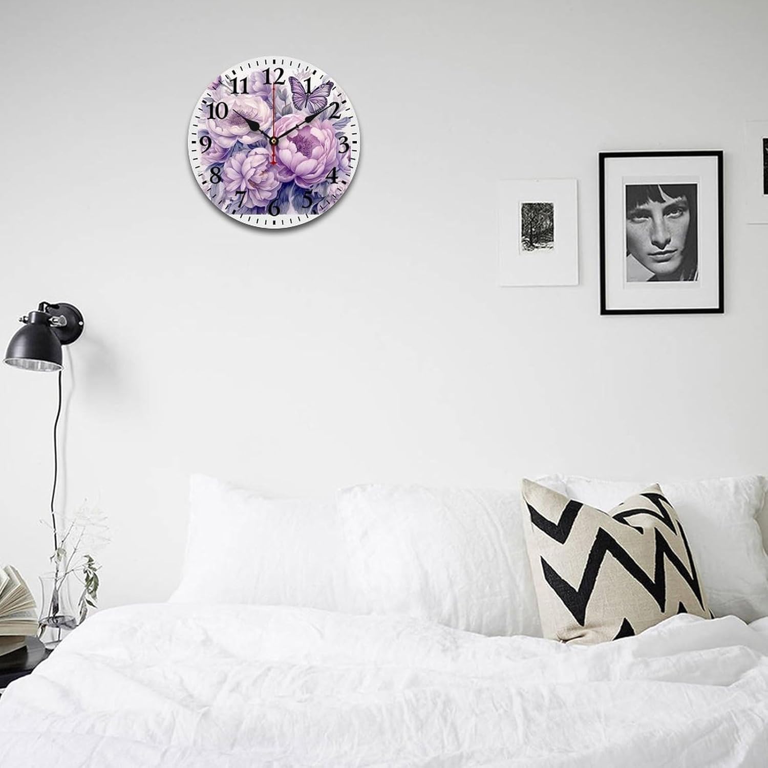 Floral Lavender Peony Butterflies Rustic Wall Clock Floral Butterfly Creative Decorative Clock Quartz Analog Quiet Living Room Bedroom Office Kitchen School Arabic Numbers 12 Inch Round