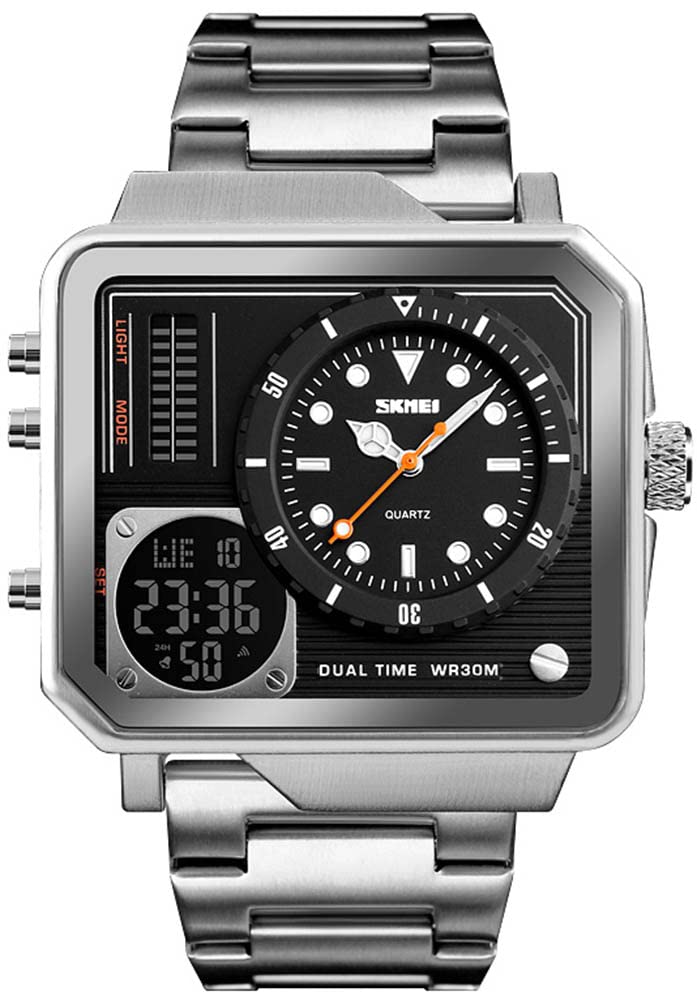 Mens Square Large Face Stainless Steel Digital Sports Watch, LED Analog Quartz Wrist Watch with Multi-Time Zone Waterproof Stopwatch (Silver) (B07YTK1VVF) Amazon Price History, Amazon Price Tracker