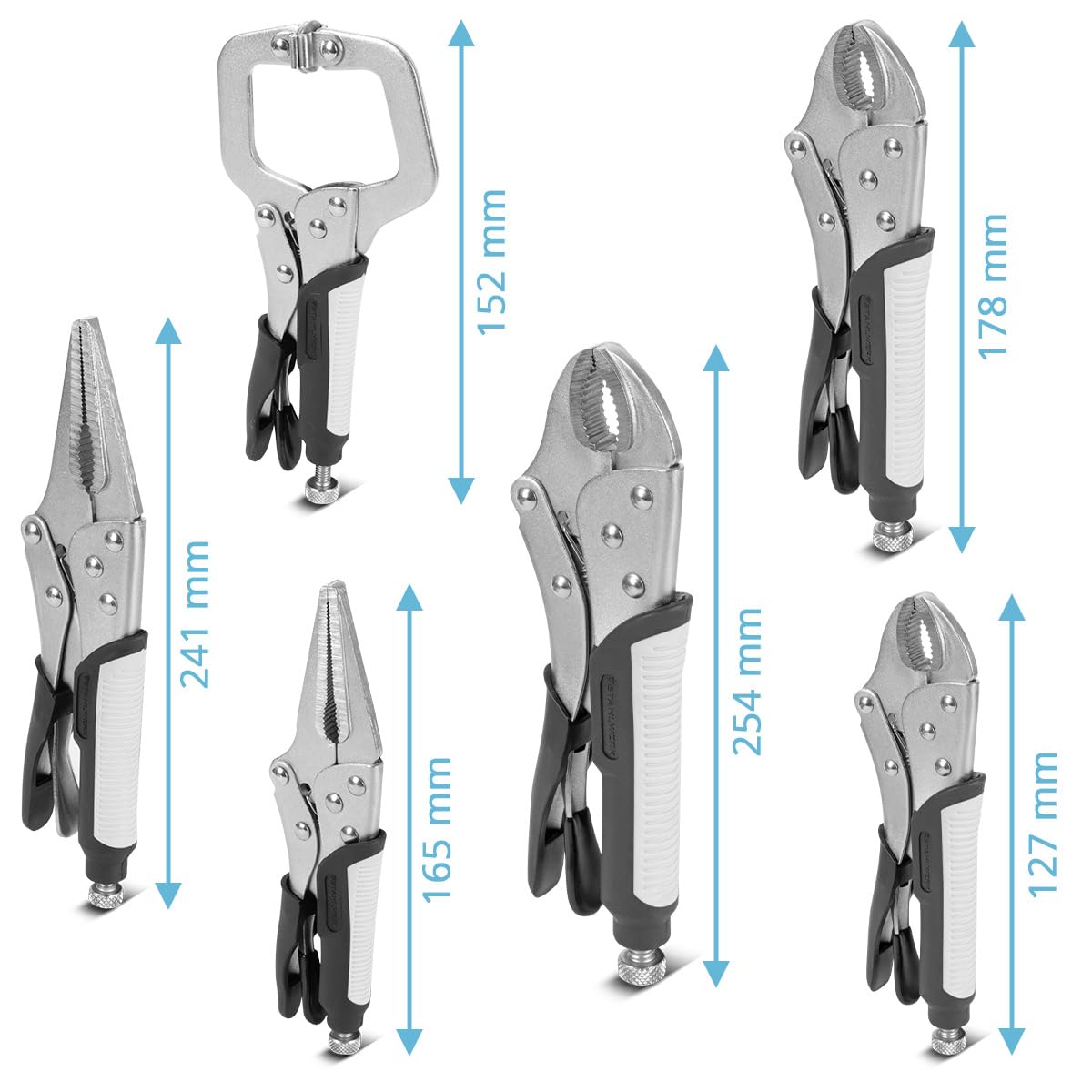 STAHLWERK Gripzangen Set 6-teilig Klemmbereich einstellbar – Langbeck-Gripzangen 165/241 mm mit gebogenen Backen 127/178/254 mm, C-Klemme 152mm, Ergonomische TPR Griffe