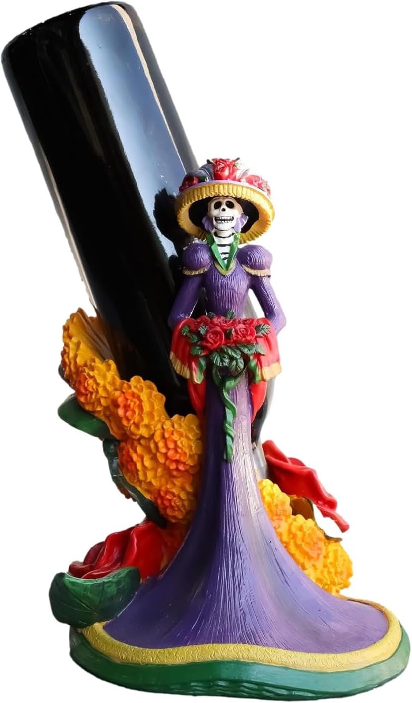 Ebros Gift Sugar Skull Day of The Dead Festival Floral Red Roses and Orange Flowers Gothic Calavera Dancing Lady Catrina Wine Holder Figurine 9.25" H