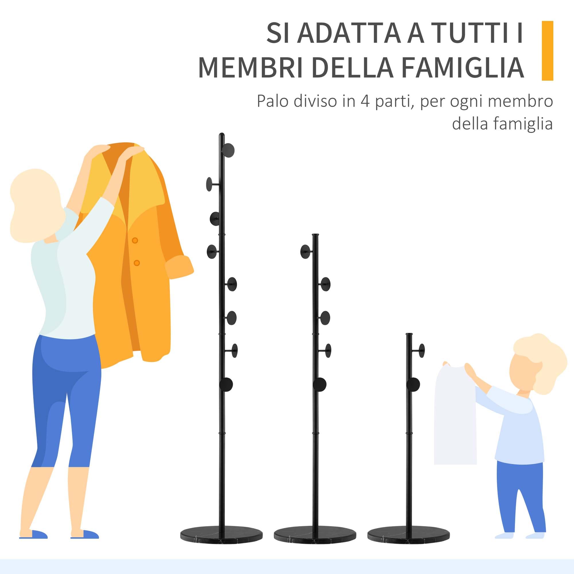 HOMCOM Albero Appendiabiti con 8 Ganci Base Rotonda 35x35x170 cm Nero | Appendiabiti da Terra, in Acciaio e Marmo