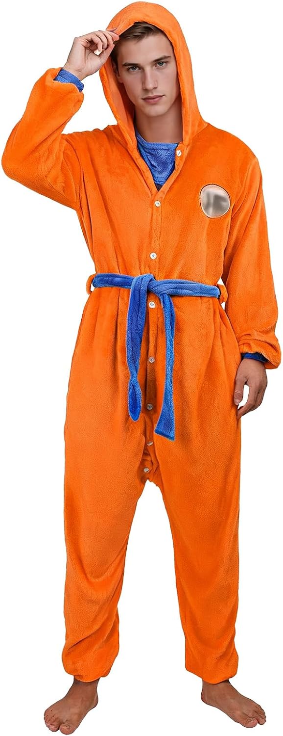 Anime Onesie for Adult Men Cosplay Costume Pajamas Flannel One Piece with Hood Belt Halloween Christmas Outfit