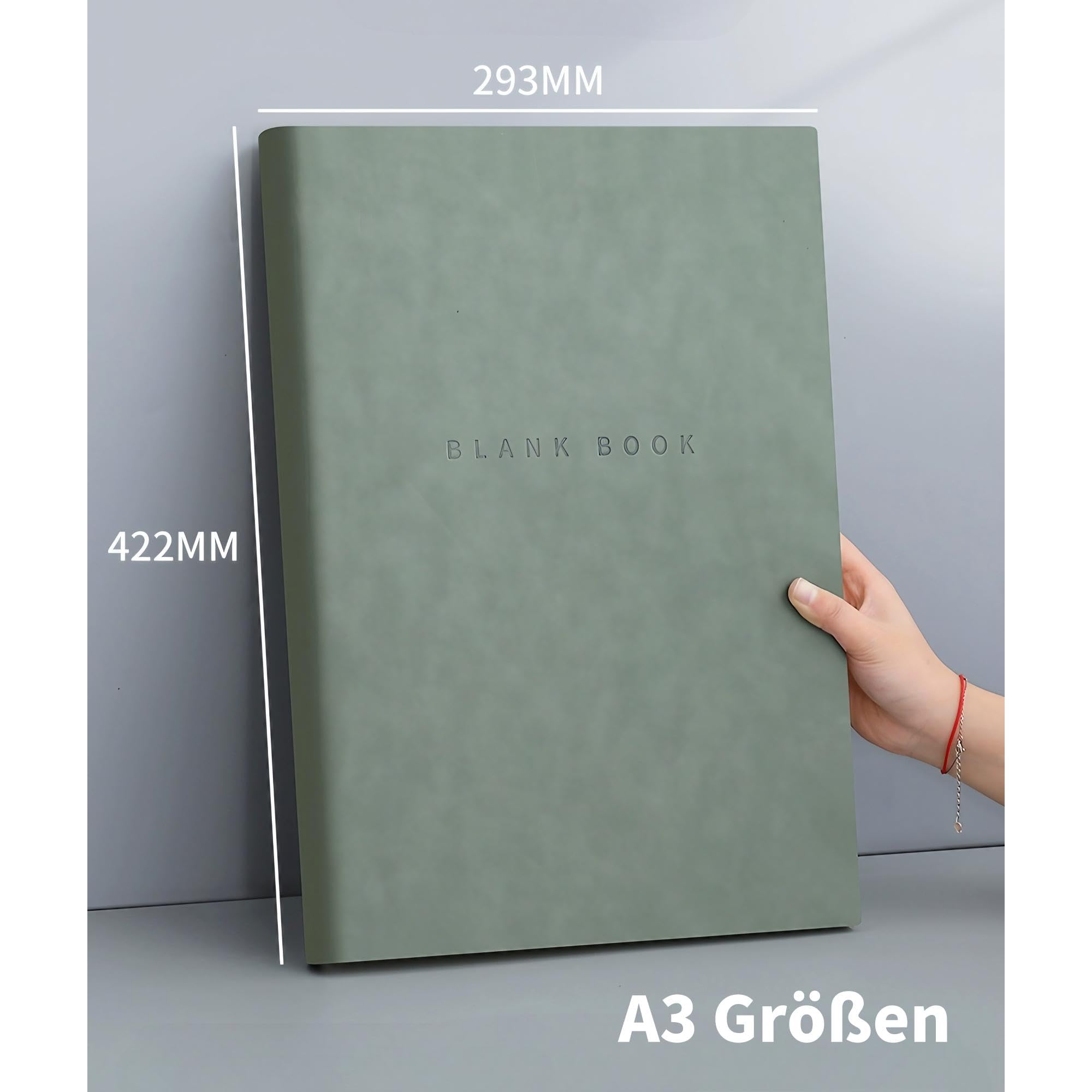 Quaderno A3 per schizzi, 760 Pagine 380 Fogli, 420×290 mm, 80g/㎡, Verde | Carta da disegno di alta qualità, copertina morbida in PU Blocco, schizzi, artisti e professionisti, disegni e schizzi